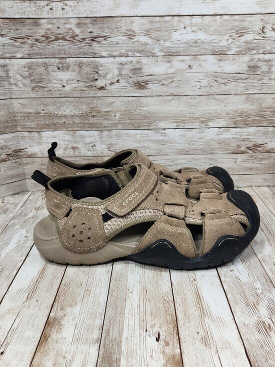CROCS Swiftwater Men\'s 13 Beige Leather Outdoor Fisherman Shoes Sandals 204251 main image 8